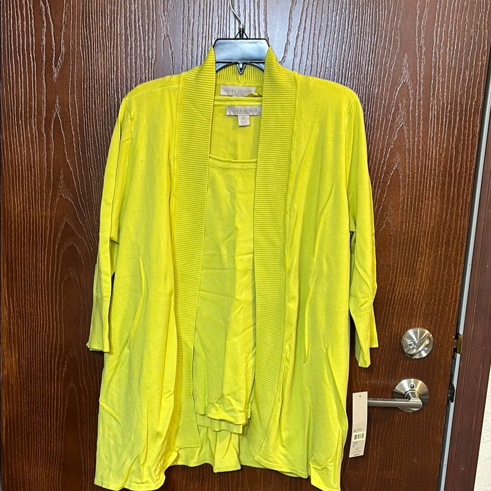 Laura Ashley Vibrant Yellow Chartreuse Cardigan & Tank Sweater set 2X NWT